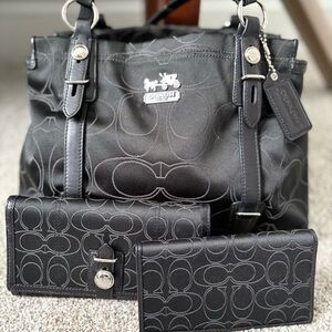 Coach Black Signature Tote and Wallet Set